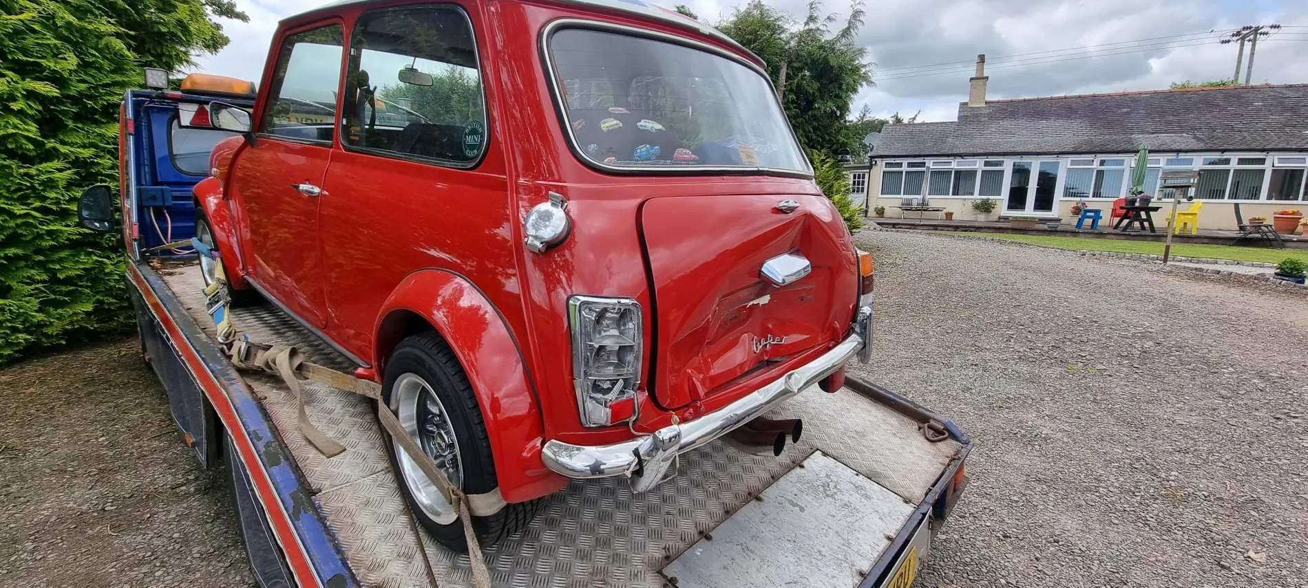 Red classic Mini in for bodywork repairs with Lee Niven, Dumfries
