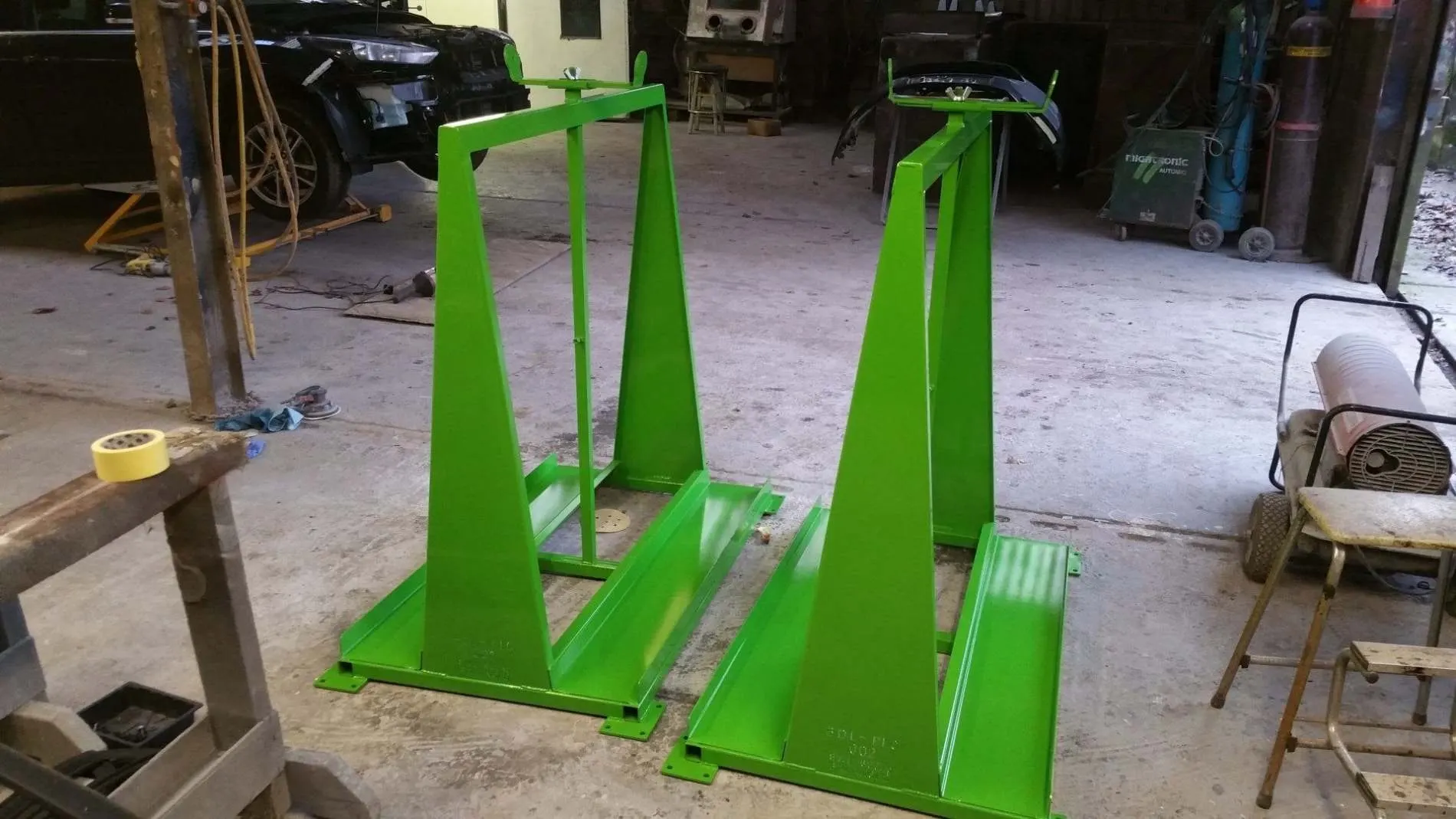 Industrial stands in gloss green by Lee Niven, Dumfries