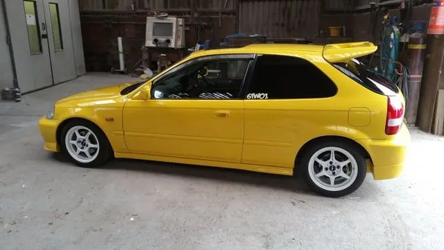 Yellow Honda Civic after accident repairs and paint by Lee Niven, Dumfries