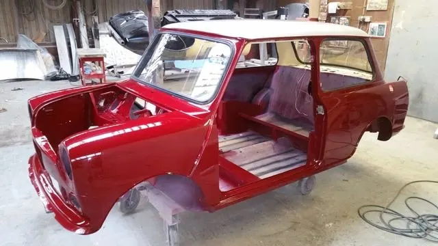 Classic Mini shell after MOT welding and paint by Lee Niven, Dumfries