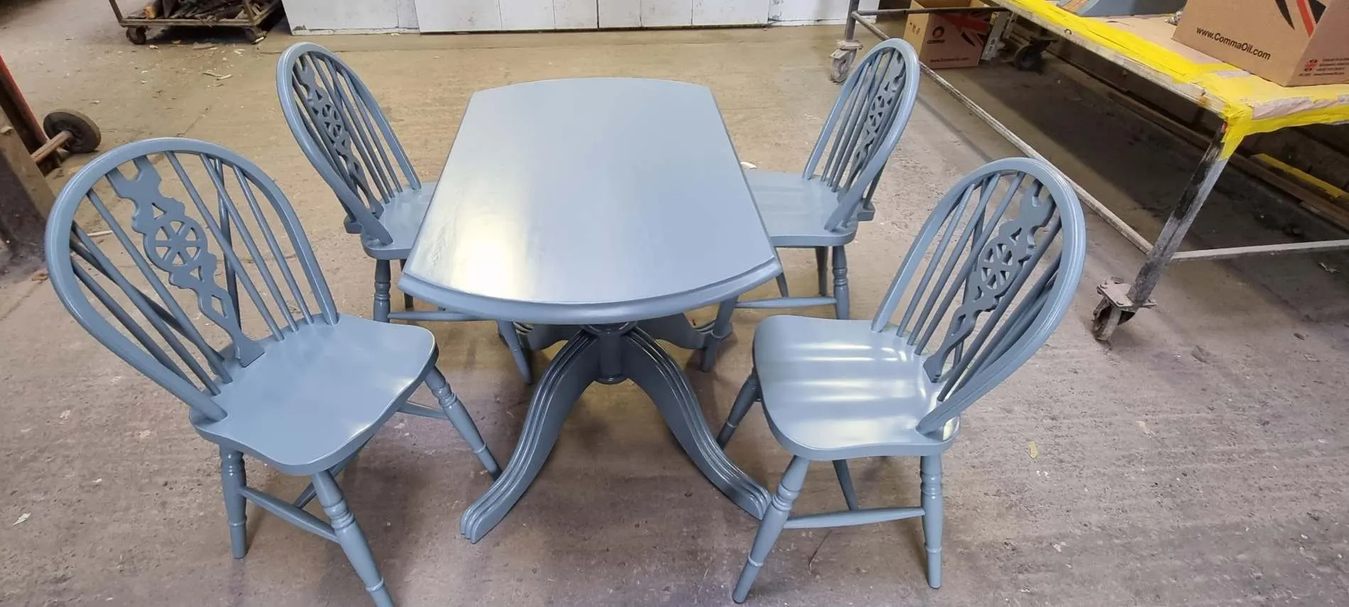 Pine table and chairs spray painted grey by Lee Niven, Dumfries